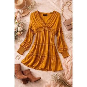 O.P.T Mustard Gold Ruffle Mini Dress XL Boho Romantic Tiered Drop Waist